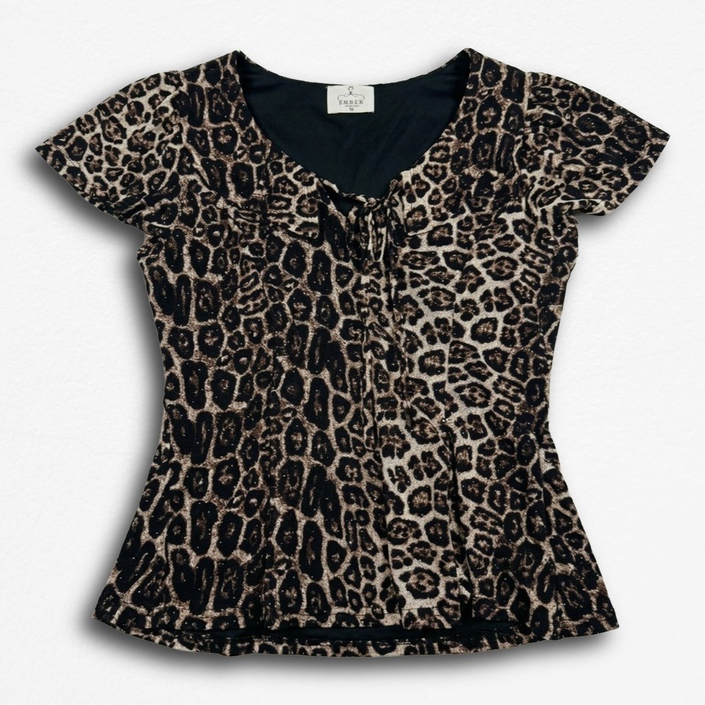 Ember Womens Leopard Print Glitter Rhinestone V-Neck Flutter Sleeve Top Medium